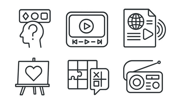 Line style icons of digital entertainment for senior living: daily trivia icon, easy video player badge, news update tag, video streaming file, favorite show board, puzzle challenge chart, crossword
