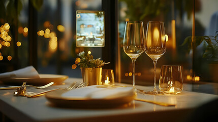Romantic Restaurant Dinner Setting with Warm Golden Lighting