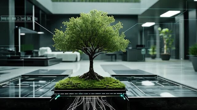 Futuristic interior with bonsai tree and technology.