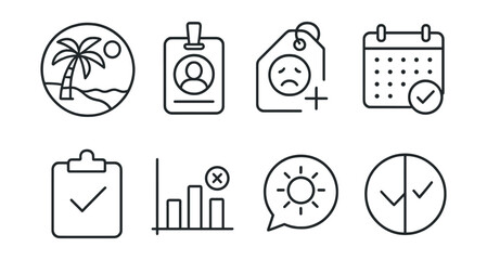 Line style icons of time off requests: vacation request icon, personal leave badge, sick leave tag, time-off calendar file, approved leave board, absence chart, holiday bubble, request status symbol.