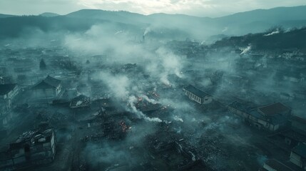Obraz premium Smoke and fire engulf town aerial view of devastation and destruction