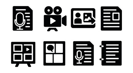 Solid style icons of storytelling formats: podcast script, short film, visual novel, article draft, animation storyboard, comic frame, voiceover page, screenplay.