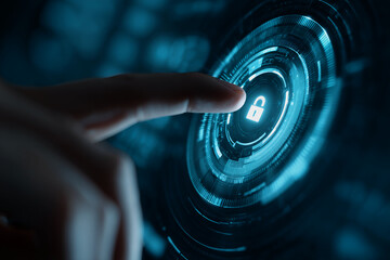 Finger activates glowing blue digital interface, padlock icon central, symbolizing online security, data protection, and technological access