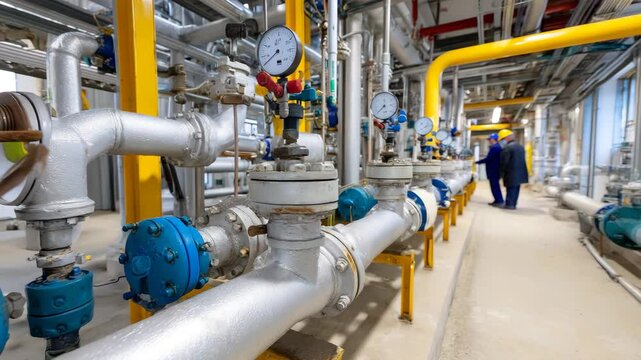 A detailed view of an industrial pipeline system, highlighting valves, gauges, and complex machinery, emphasizing efficiency in a modern industrial environment.