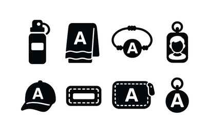 Solid style icons of personalized kids accessories: custom name bottle, monogrammed towel, engraved bracelet, photo tag, letter cap, custom label, stitched pouch, ID charm.