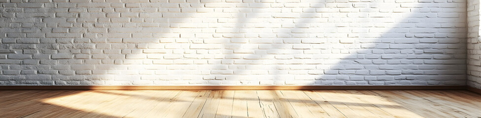 Fototapeta premium Textured white brick wall meets warm wood floor Loft apartment setting , urban, aged