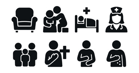 Solid style icons of hospice and palliative care: comfort chair, end-of-life care, hospice bed, home nurse, family visit, spiritual care, dignity icon, symptom control.