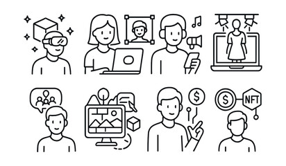Line style icons of blockchain careers: metaverse world builder, avatar designer for virtual worlds, metaverse event organizer, virtual fashion show manager, metaverse community planner, digital land