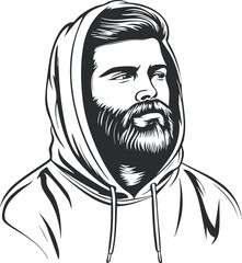 Black and white illustration of a bearded man wearing a hoodie looking confidently to the side
