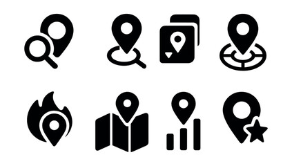 Solid style icons of search by location: search here, find nearby, filter by area, auto-location, search radius, trending nearby, map suggestion, local rank.