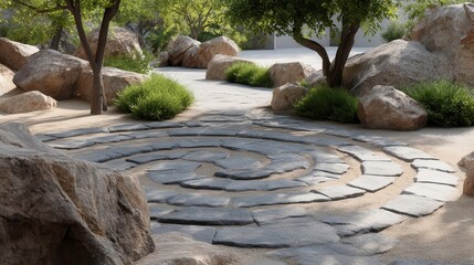 Zen Garden Landscape Design with Stone Path and Greenery for Mindfulness and Meditation.