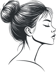 Elegant black and white line art illustration of a young woman's profile with hair in a bun and closed eyes.