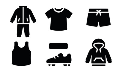 Solid style icons of kids’ sportswear: tracksuit, jersey, running shoes, gym shorts, sport tank, sweatband, athletic hoodie, cleats.