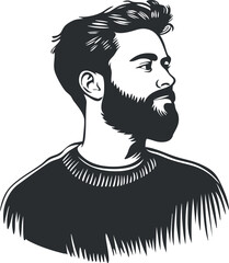 Black and white vector illustration of a bearded man in profile looking to the side with a contemplative expression