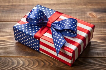 Fototapeta premium Gift box wrapped in American flag ribbon