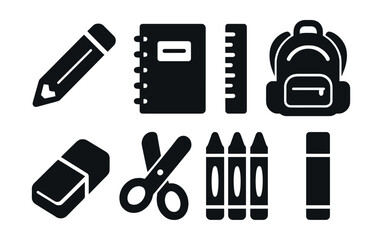Solid style icons of school supplies: pencil, notebook, ruler, backpack, eraser, scissors, crayons, glue stick.