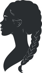 Silhouette of a woman's profile with a long braided hairstyle in black and white