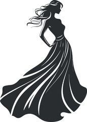 Silhouette of an elegant woman wearing a flowing long dress standing in profile pose with wind-blown hair