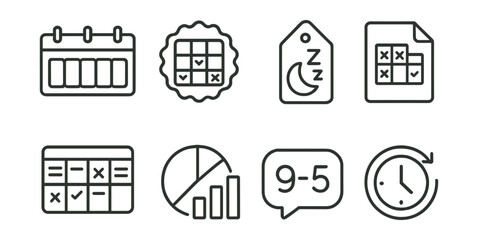 Line style icons of workweek overview: 5-day workweek icon, weekly planner badge, weekend off tag, full-time schedule file, weekly shift board, work hour breakdown chart, 9-to-5 bubble, time