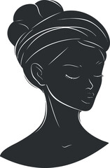 Stylized black and white silhouette portrait of an elegant woman with a headwrap and closed eyes