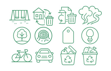 Fototapeta premium Line style icons of comparison and contrast: green vs grey schoolyard, reuse vs throw away page, tree vs stump circle, clean air vs smoke path, bike vs car icon, light on/off when needed, plastic vs