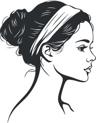 Black and white line art profile of a young woman with hair in a bun and a headband