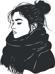 Black and white minimalist illustration of a young woman in profile with a hair bun and scarf