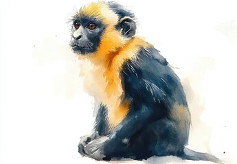 Obraz premium Watercolor Painting of a Pensive Monkey in Golden and Blue Hues