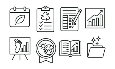 Line style icons of measuring impact and reflection: eco tracker calendar, low-waste checklist, journal of habits page, “my impact” chart, footprint audit board, personal climate badge, semester
