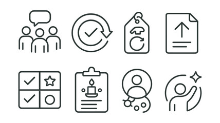 Line style icons of startup habits and culture: daily huddle icon, feedback loop badge, build and reflect tag, shipping log file, async win board, team ritual chart, culture builder bubble, celebrate