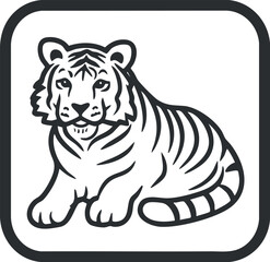 Black and white illustration of a sitting tiger with visible stripes in a square frame