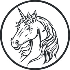 Black and white line art illustration of a unicorn head inside a circle symbolizing mythical fantasy creature