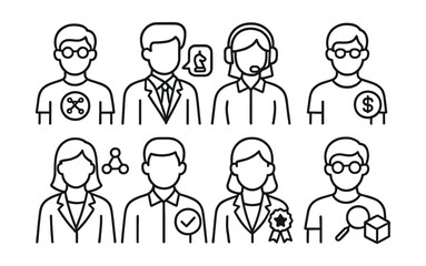 Line style icons of blockchain careers: DAO founder icon, DAO strategist role, DAO operations manager, DAO treasury accountant, decentralized governance facilitator, DAO project coordinator, DAO