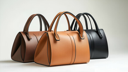 Three Leather Handbags in Brown Black and Tan on White Background