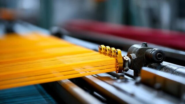 This image showcases a vivid scene of textile production, highlighting the dynamic movement of colorful threads processed through a sophisticated weaving machine in motion.