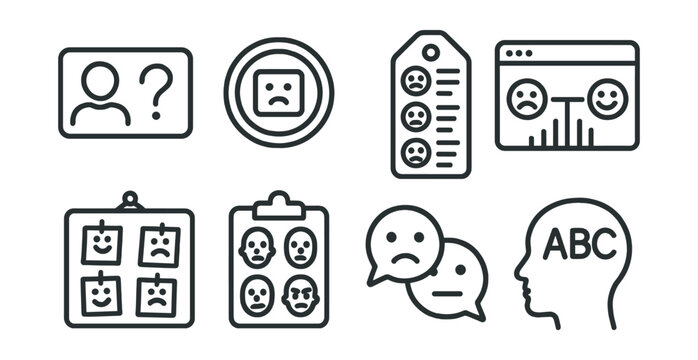 Line style icons of emotion literacy features: name the feeling icon, emotion definitions badge, mood word list tag, visual emotion scale file, facial cues board, &ldquo;what fits me?&rdquo; chart, emotion