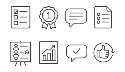 Line style icons of survey voting: multiple-choice vote icon, ranked preference badge, open-ended question tag, response scale file, candidate preference board, survey results chart, anonymous choice