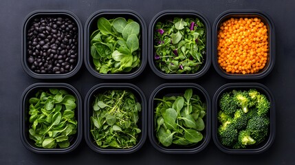 Colorful Assortment of Healthy Foods in Black Meal Prep Containers