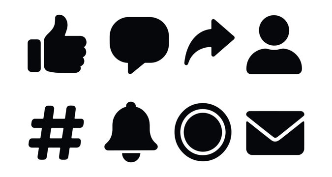 Solid style icons of social media tools: like button, comment bubble, share arrow, profile avatar, hashtag, notification bell, story icon, DM inbox.