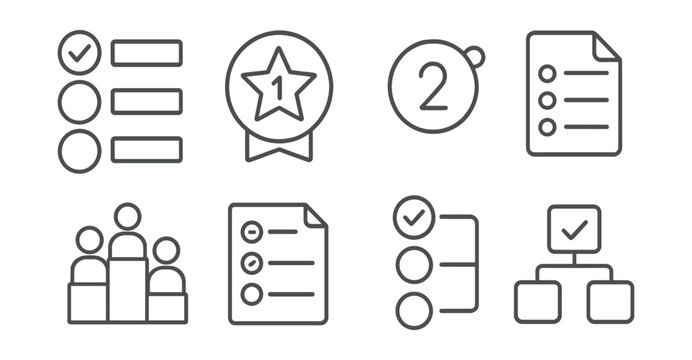 Line style icons of voting on multiple candidates: ranked options icon, first preference badge, second choice tag, final list file, tiered vote board, election ballot chart, choice ranking bubble,