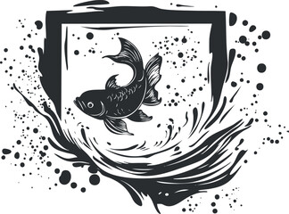Black and white illustration of a goldfish swimming in a fish tank with water splashing around.