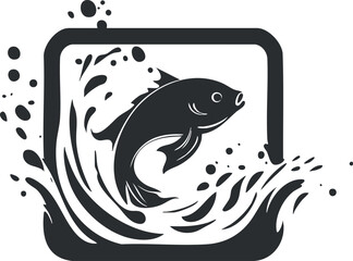 Black and white illustration of a fish jumping out of water with dynamic splash and wave effect