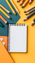 Colorful Crayons and Blank Notebook Flat Lay