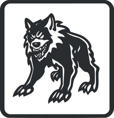Black and white illustration of a fierce growling wolf with sharp claws and teeth in aggressive stance