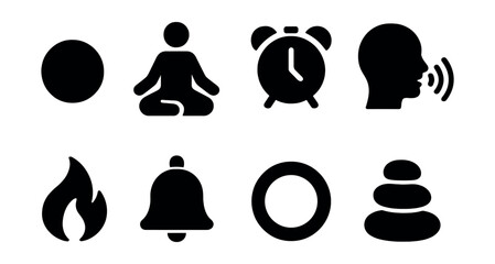 Solid style icons of meditation apps: breathing dot, body scan, session timer, guided voice, mindfulness streak, calm reminder, progress ring, zen mode.