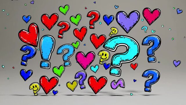 Colorful doodle-style hearts, question marks, and exclamation points float against a gray background. Front-facing angle, suitable for a playful video theme.