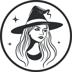 Black and white artistic illustration of a young woman wearing a witch hat inside a circular frame with magical stars.