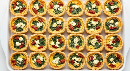 Obraz premium Overhead View Of A Tray Of Mini Quiches With Spinach Cheese And Sun-Dried Tomatoes Against A White Background