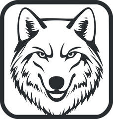 Black and white stylized illustration of a fierce wolf head with detailed fur and intense eyes