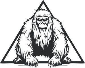 Illustration of a fierce yeti or abominable snowman crouching inside a triangle symbol